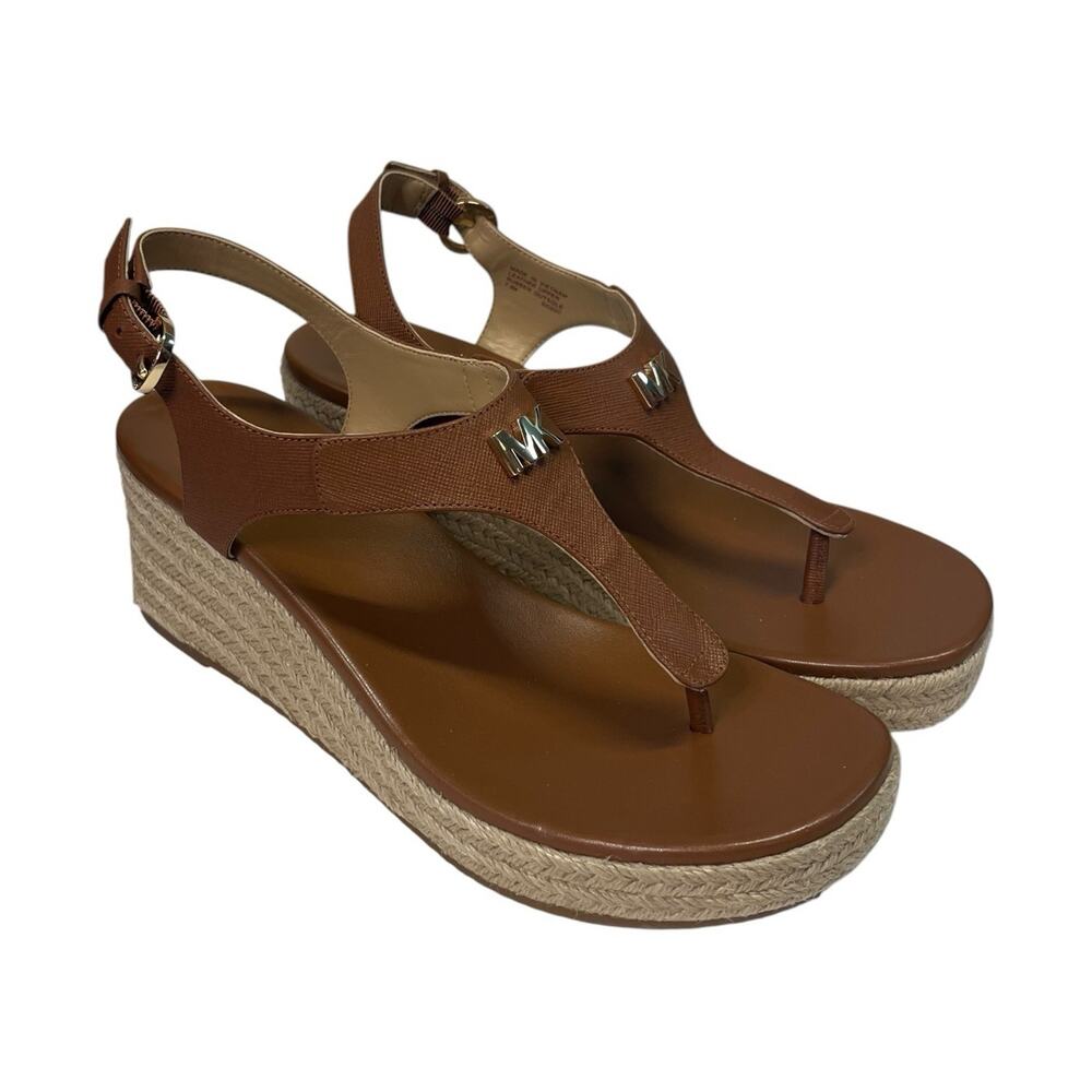 New Michael Kors Sandals Womens 7.5 Brown Leather T Strap Wedge Espadrille Beach